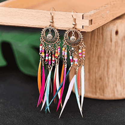 Premium - Metal Boho Long Earrings - Chandelier Beaded and Feather Earrings