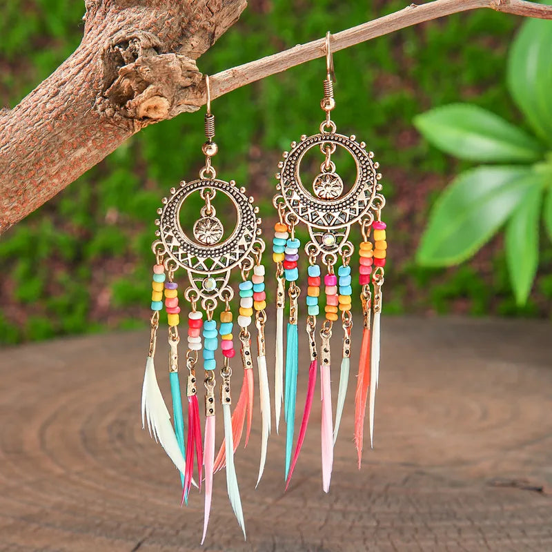 Premium - Metal Boho Long Earrings - Chandelier Beaded and Feather Earrings