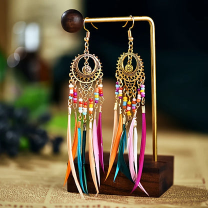 Premium - Metal Boho Long Earrings - Chandelier Beaded and Feather Earrings