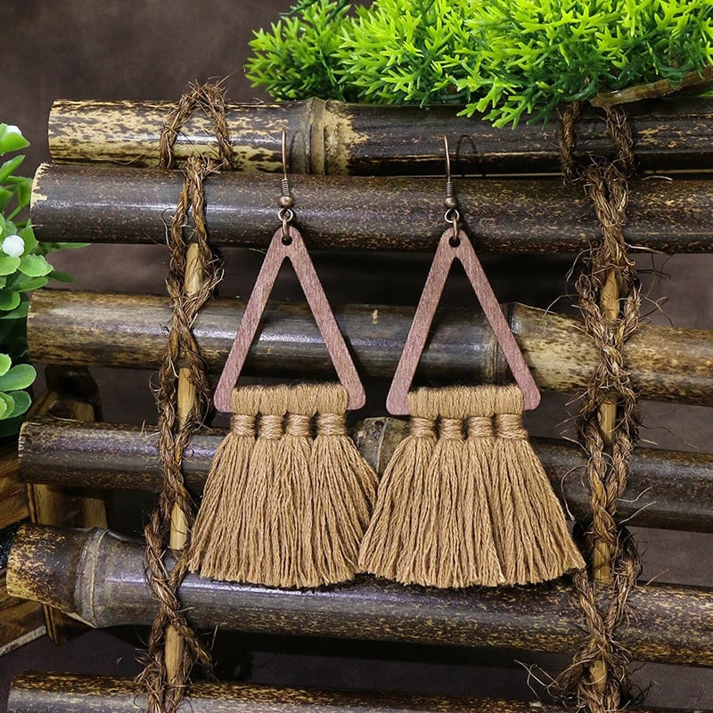 1- Boho Handmade Wooden Macrame Thread Earrings - Tassel Earrings