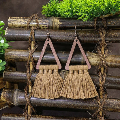 1- Boho Handmade Wooden Macrame Thread Earrings - Tassel Earrings
