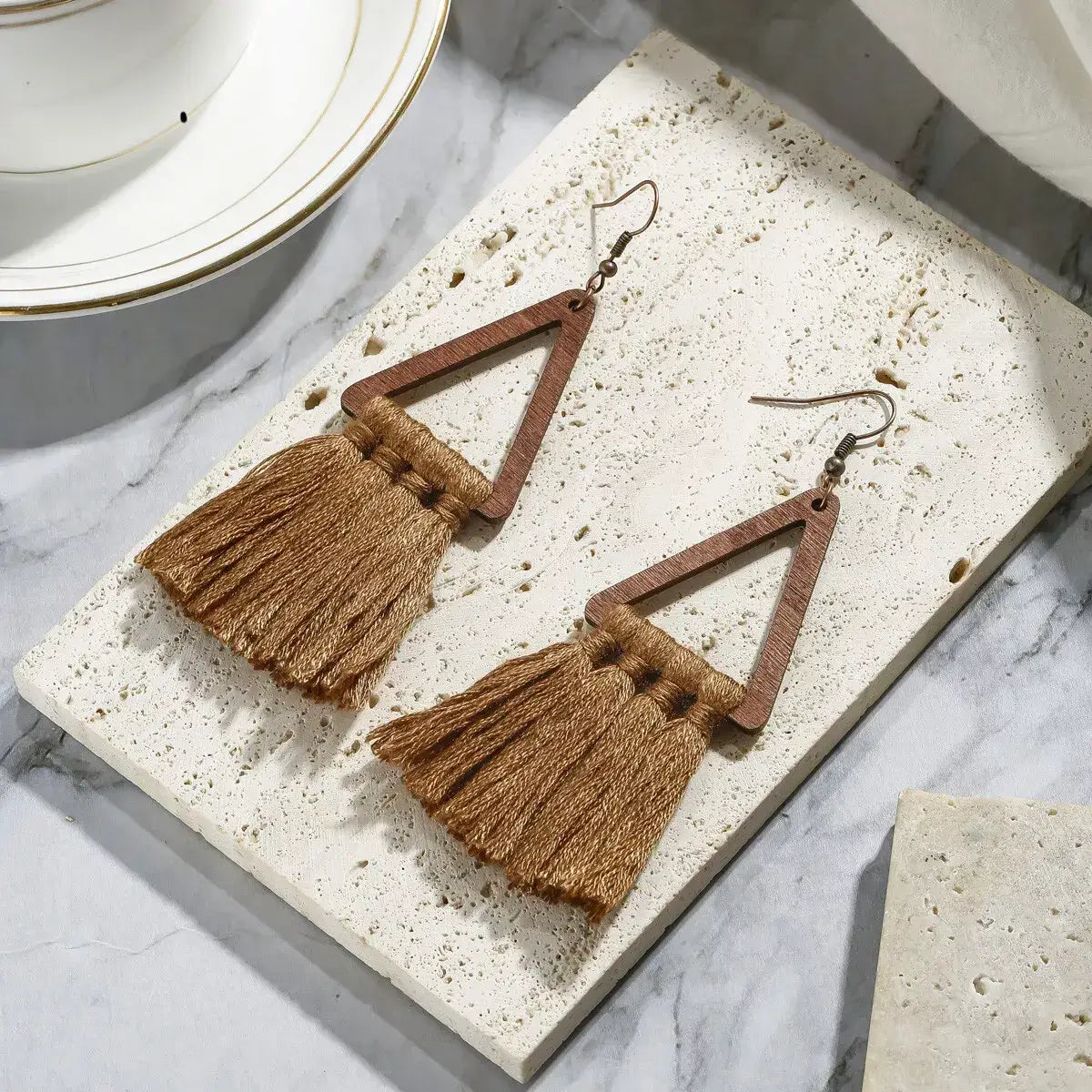 1- Boho Handmade Wooden Macrame Thread Earrings - Tassel Earrings