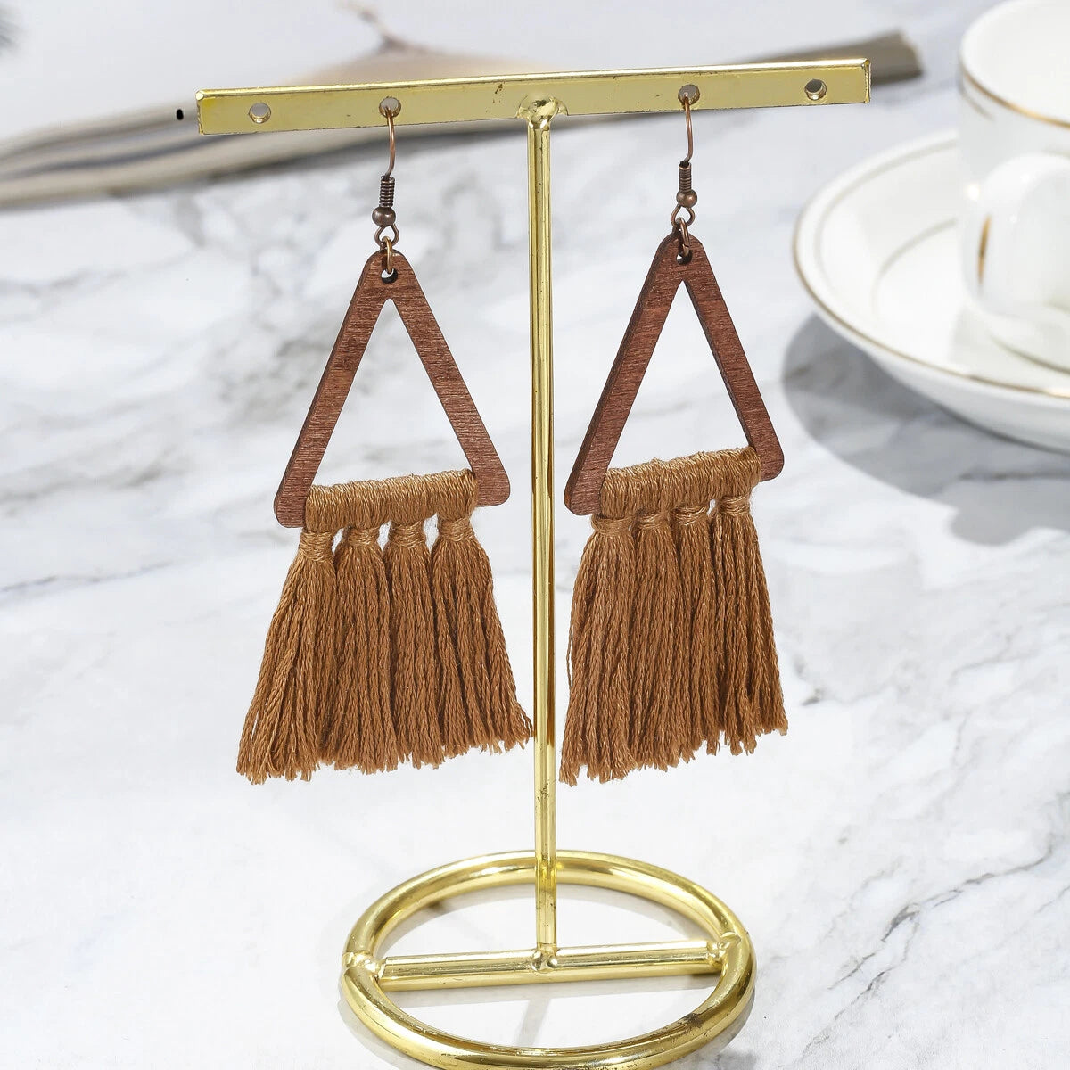 1- Boho Handmade Wooden Macrame Thread Earrings - Tassel Earrings