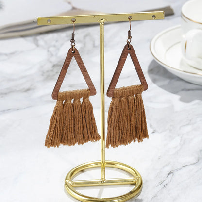 1- Boho Handmade Wooden Macrame Thread Earrings - Tassel Earrings