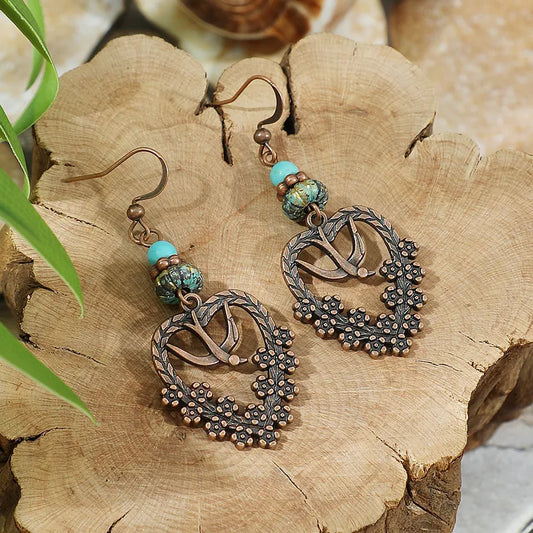 1- Boho Oxidized Copper Earrings - Floral Vine Heart Metal Earring