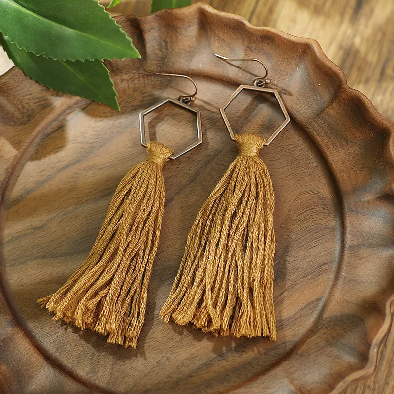 1- Boho Oxidized Copper Earrings - Hexagon Tassel Earrings