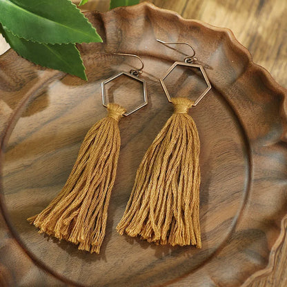 1- Boho Oxidized Copper Earrings - Hexagon Tassel Earrings