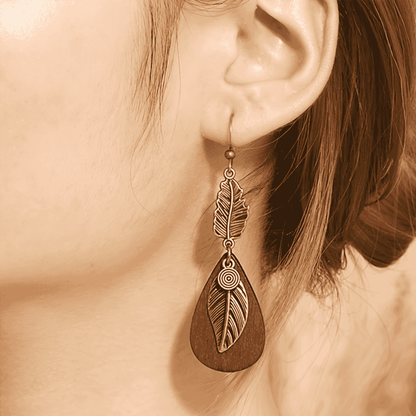 Boho Oxidized Copper Earrings - Leaf and Wood Earrings
