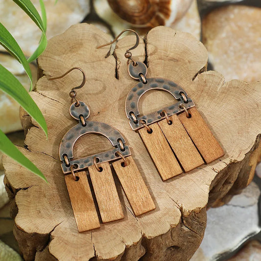 1- Boho Oxidized Copper Earrings - Tribal Wood Earrings