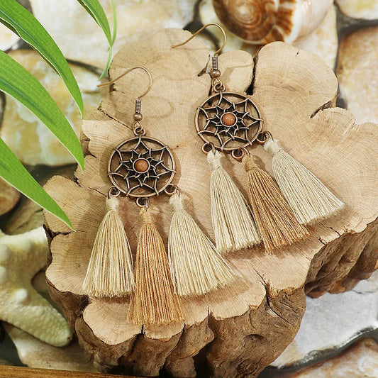 1- Boho Beige Tassel Earrings - Oxidized Copper Earrings