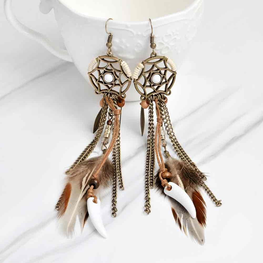 Premium - Boho Dream Catcher Earrings - Feather Chandelier Earrings