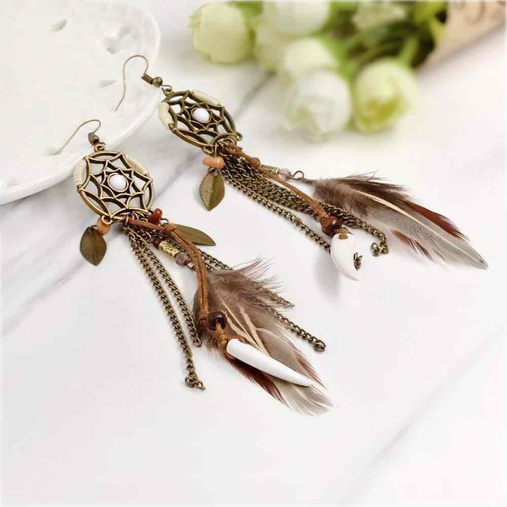 Premium - Boho Dream Catcher Earrings - Feather Chandelier Earrings