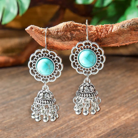 1- Ocean Soul Turquoise Stone Earrings - Metal Jhumka Earrings