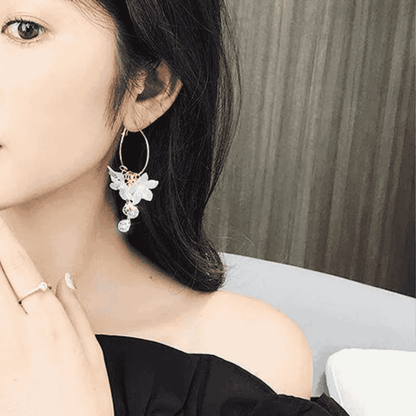 Korean Earrings - White Flower Hoop Earrings
