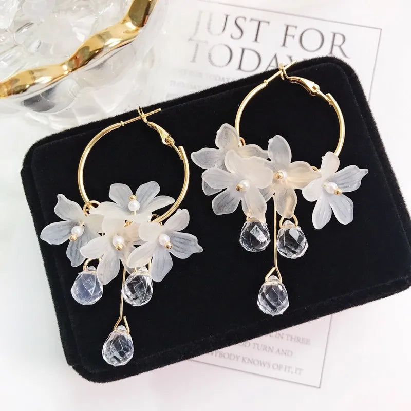 Korean Earrings - White Flower Hoop Earrings