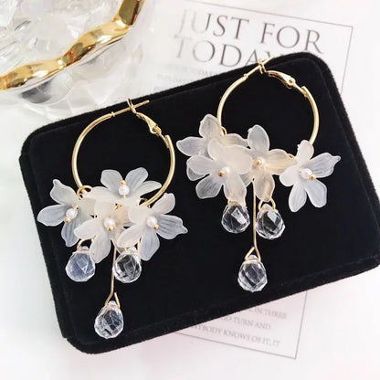 Korean Earrings - White Flower Hoop Earrings