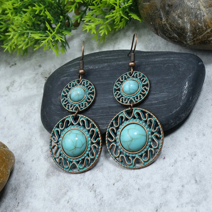 1- Turquoise Dreams Metal Drop Earrings (Two layered)- Boho Drop Earrings