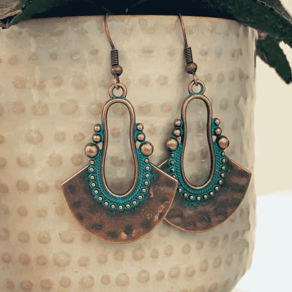 Boho Oxidized Earrings - Metal Textured Earrings (Blue)