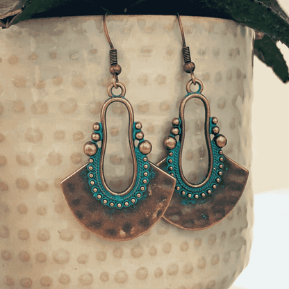 Boho Oxidized Earrings - Metal Textured Earrings (Blue)