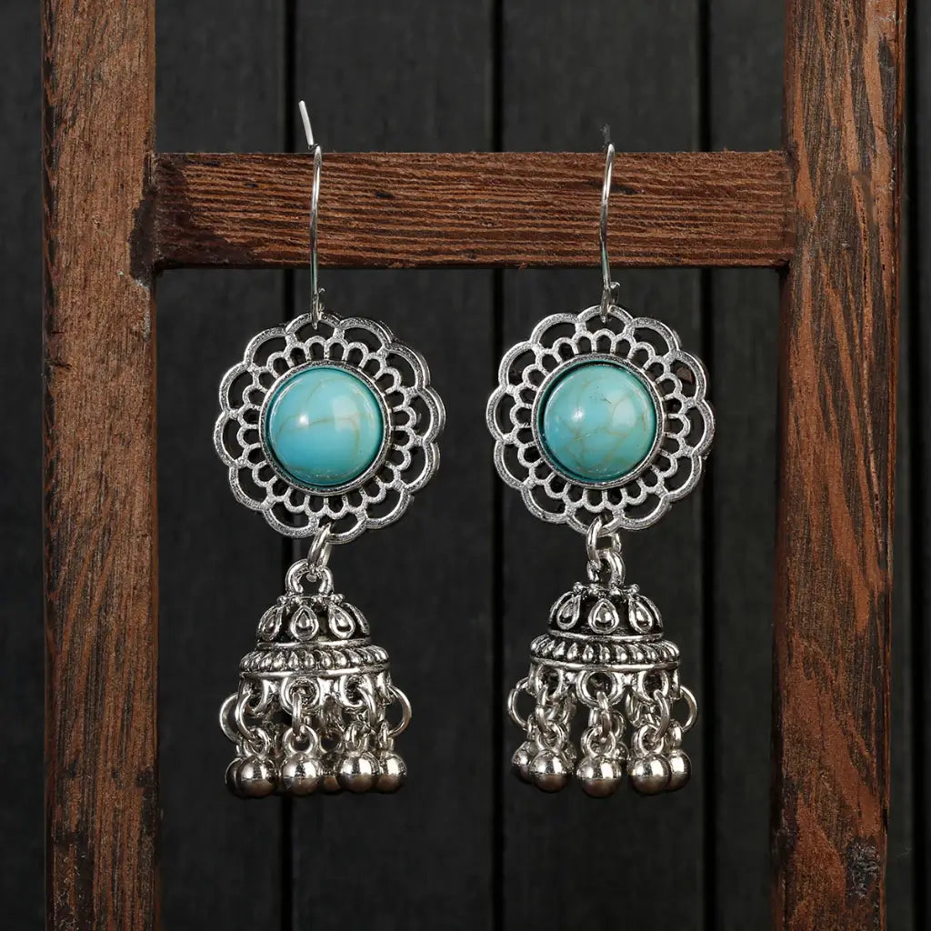 1- Ocean Soul Turquoise Stone Earrings - Metal Jhumka Earrings
