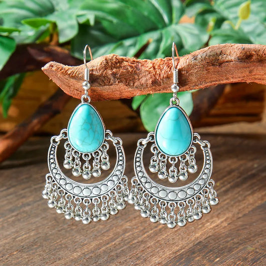 1- Tribal Treasure Oxidized Metal Jhumkas -  Metal & Turquoise Earrings