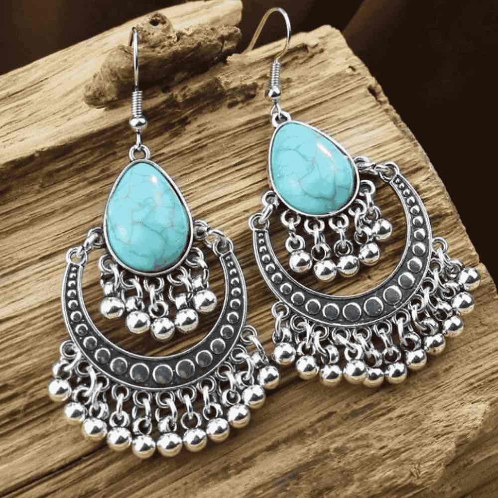 1- Tribal Treasure Oxidized Metal Jhumkas -  Metal & Turquoise Earrings