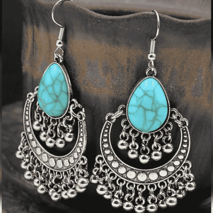 1- Tribal Treasure Oxidized Metal Jhumkas -  Metal & Turquoise Earrings