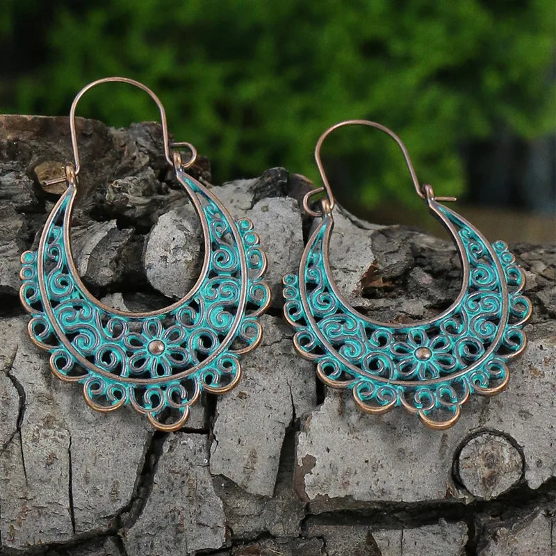 1- Boho Oxidised Earrings - Floral Hoop Earrings