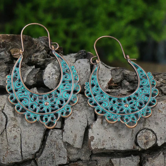 1- Boho Oxidised Earrings - Floral Hoop Earrings