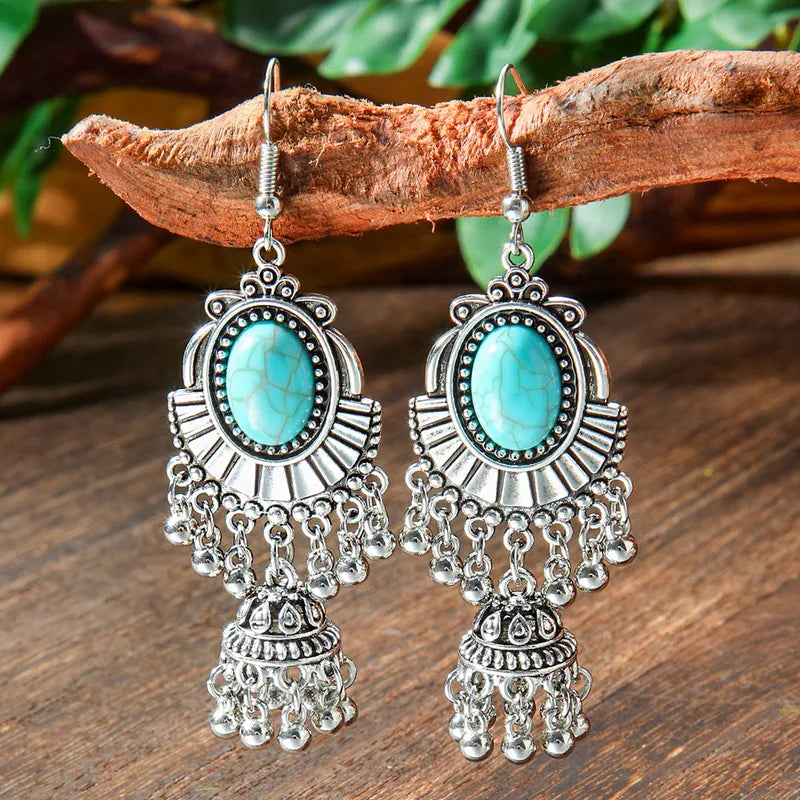 1- Desi Grace Traditional Jhumka Earrings - Metal Turquoise Bead Drops
