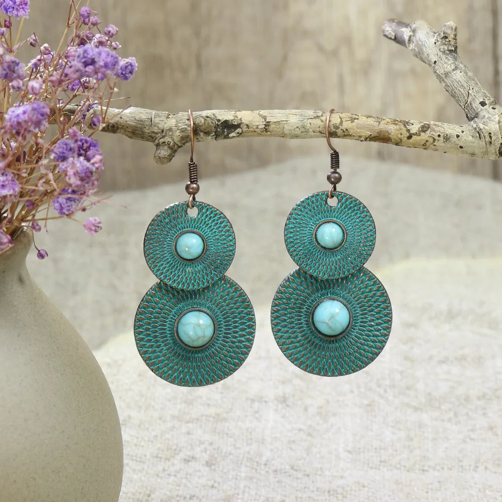 1- Boho Turquoise Disc Earrings - Oxidised Earrings