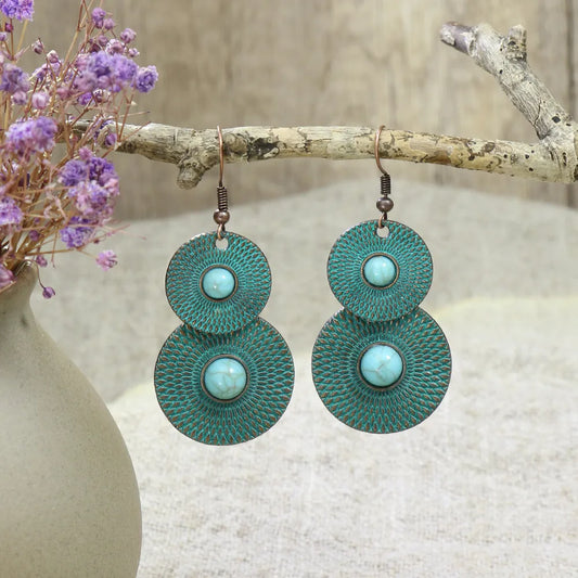 1- Boho Turquoise Disc Earrings - Oxidised Earrings