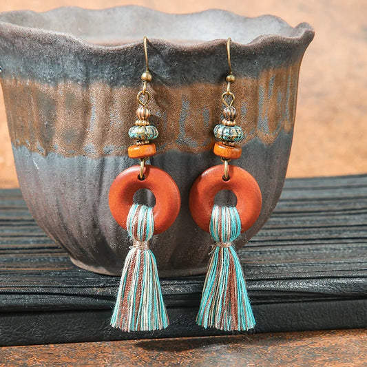 1- Tribal Wood Earrings - Tassel Earrings for Women