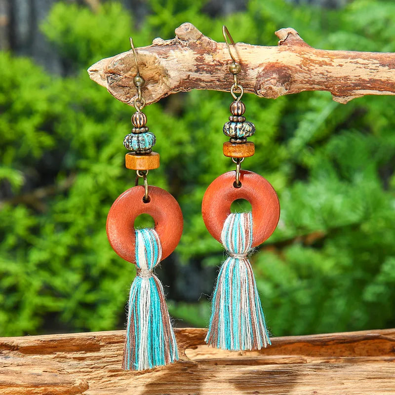 1- Tribal Wood Earrings - Tassel Earrings for Women