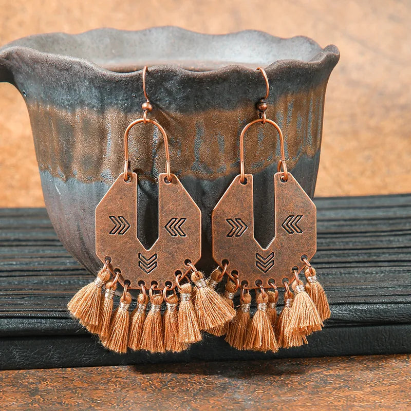 1- Tribal Tassel Trail Earrings - Copper Earrings for Women
