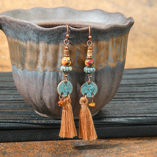 1- Rustic Rounds Boho Metal Earrings - Round Bead Drop Earrings