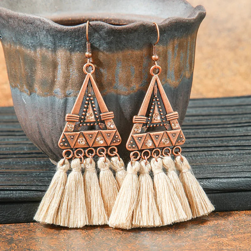 Antique Metal Earrings - Twisty Tassel Earrings for Women