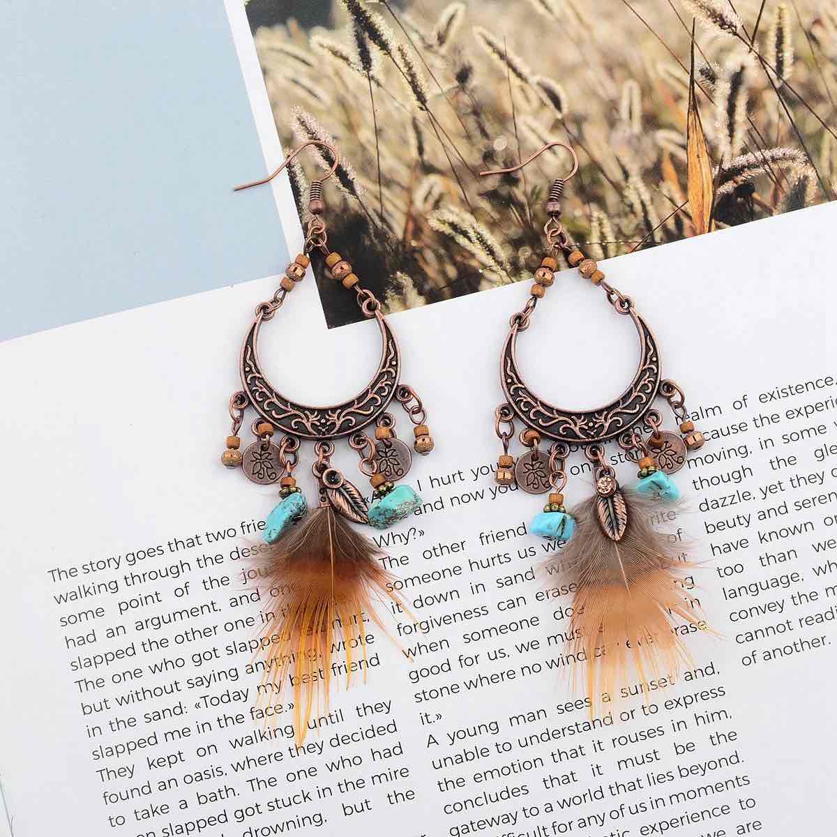 1- Feather Trail Boho Metal Earrings - Metal drop earrings