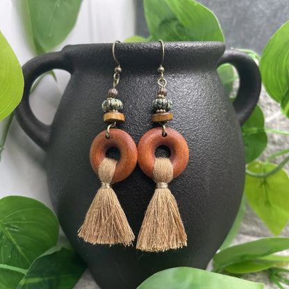 1- Tribal Wood Earrings - Boho Tassel Earrings for Women