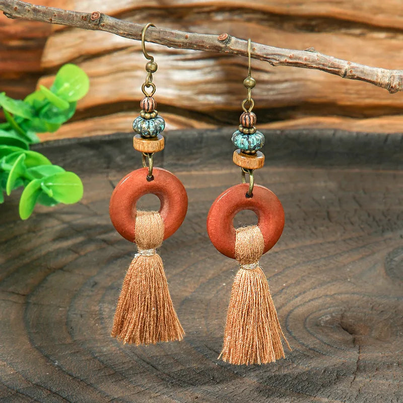 1- Tribal Wood Earrings - Boho Tassel Earrings for Women