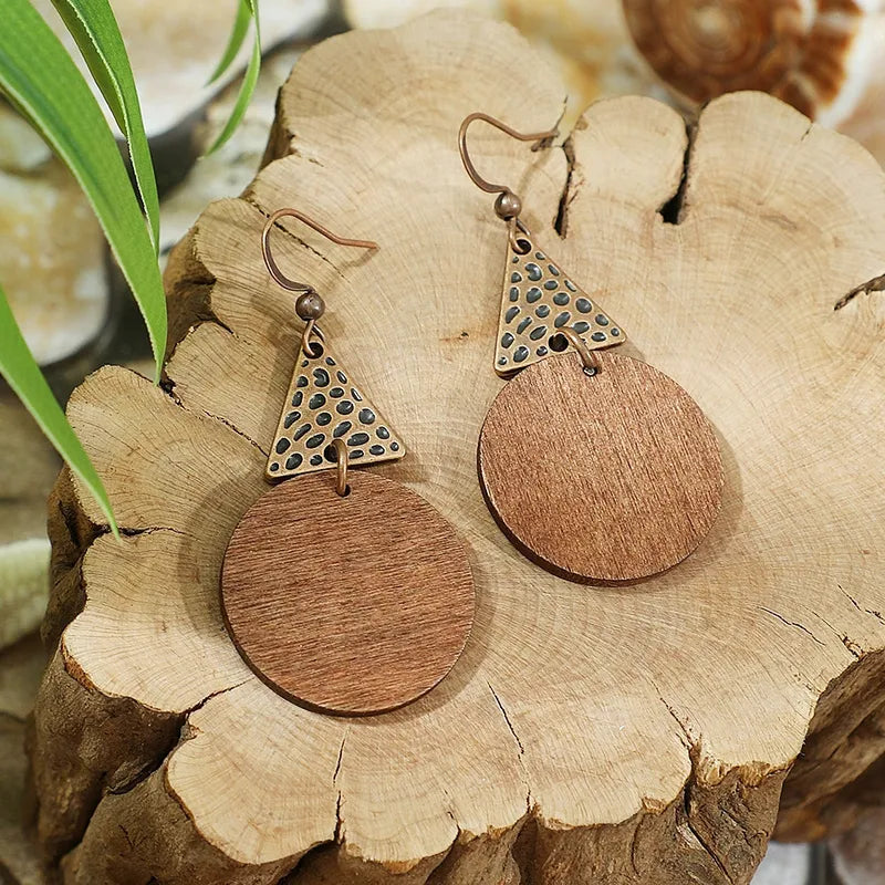 1- Boho Wooden Earrings - Round Copper Dangle Earrings