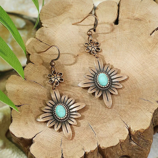 1- Boho Oxidized Turquoise Earrings - Floral Dangle Earrings