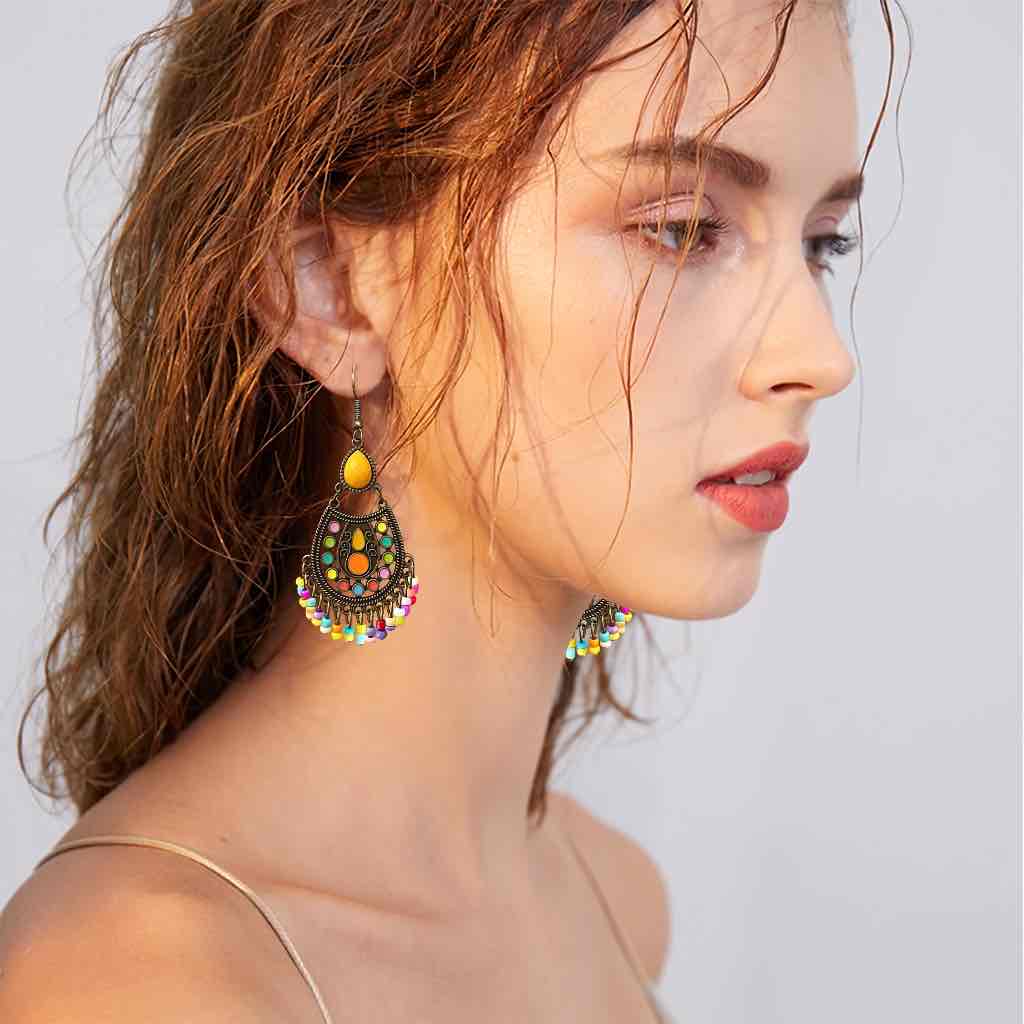 Premium | Ethnic Stone Drop Earrings (Yellow)