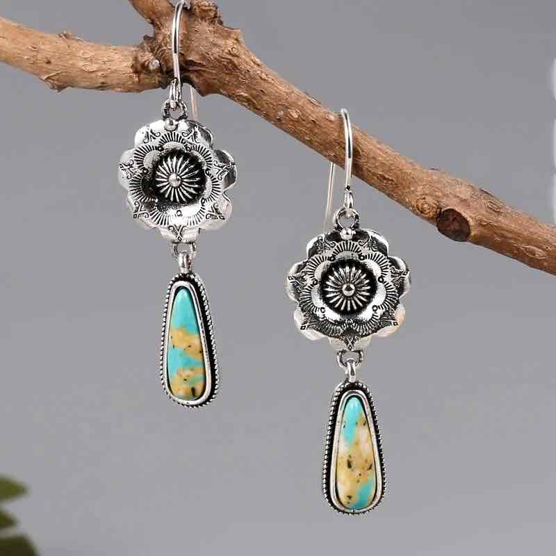 Rustic Boho | Silver Stone Flower Drop Earrings