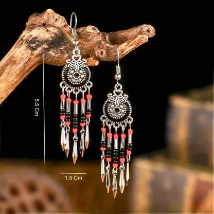 Premium | Ethnic Stone Danglers - Black with red beads