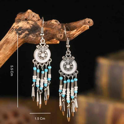 Premium | Ethnic Stone Danglers - White with Blue Beads