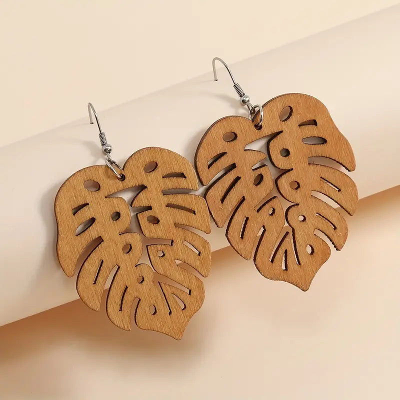 Big Earrings-Long wood Tropical Leaf Earrings