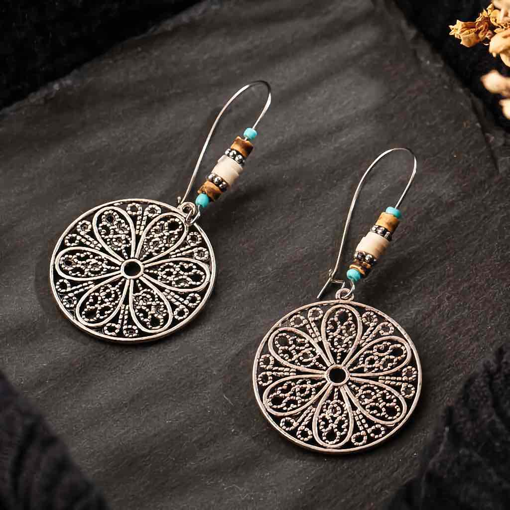 Premium | Boho Silver Flower Wheel Earrings