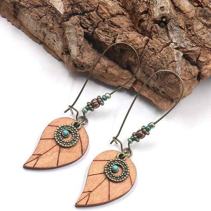 Boho Wooden Leaf Earrings with Turquoise