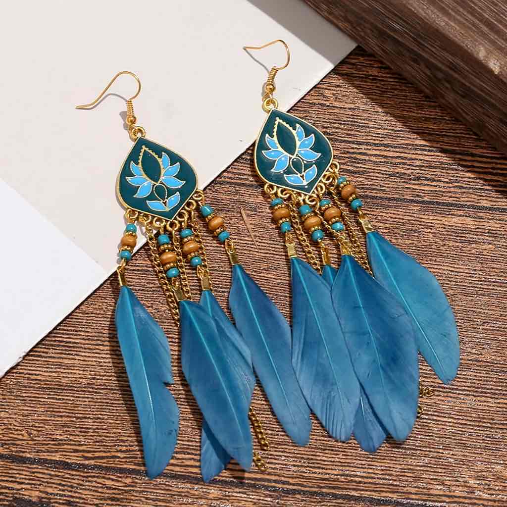 Premium | Ethnic Chain Blue Lotus Feather Earrings